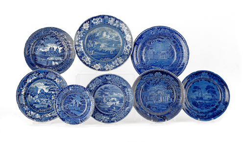 Eight blue Staffordshire plates and