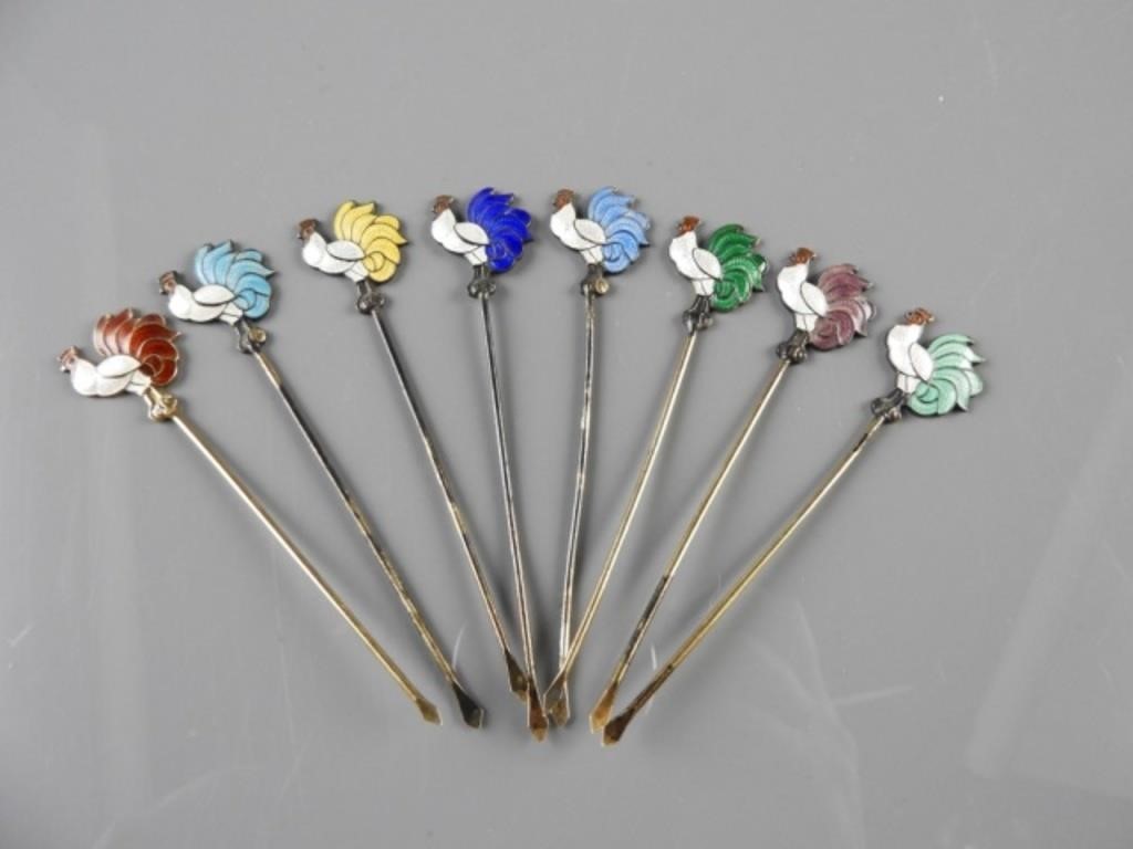 EIGHT ENAMELLED STERLING COCKTAIL