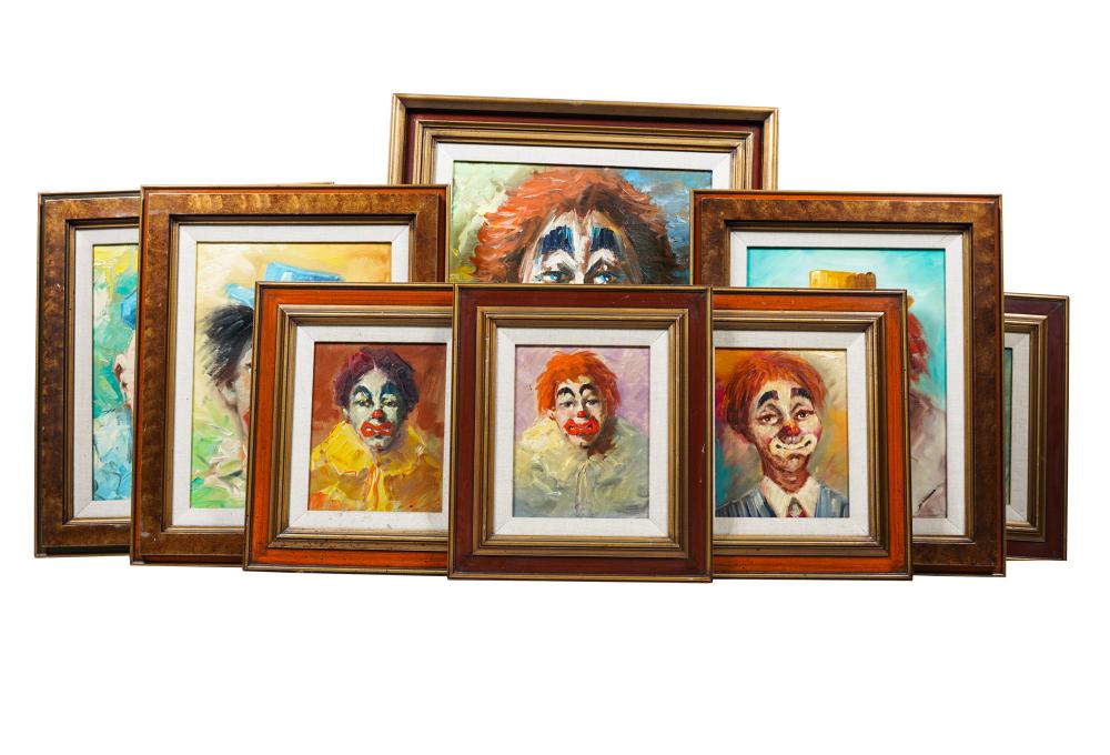 EIGHT FRAMED CLOWN PAINTINGSeach