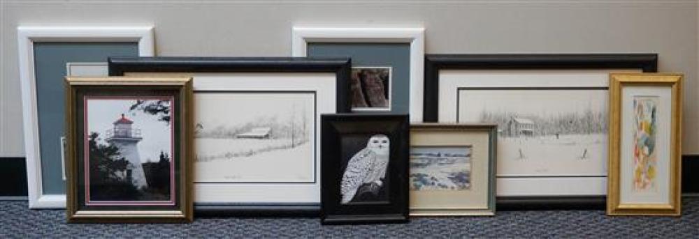 EIGHT FRAMED WORKS OF ART, LARGEST: