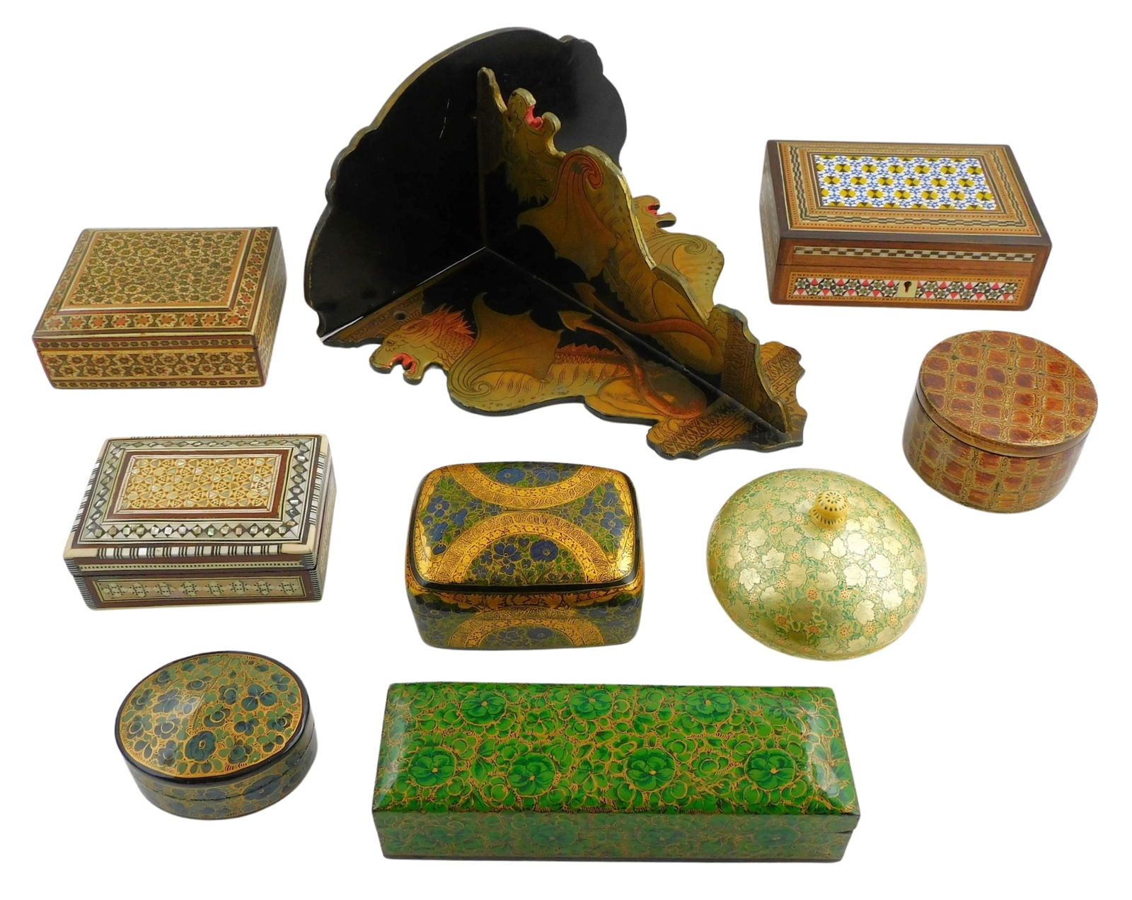 +EIGHT INLAID AND LACQUERED BOXES