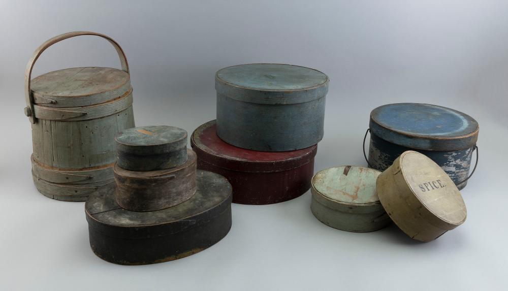EIGHT KITCHEN BOXES AND A FIRKIN