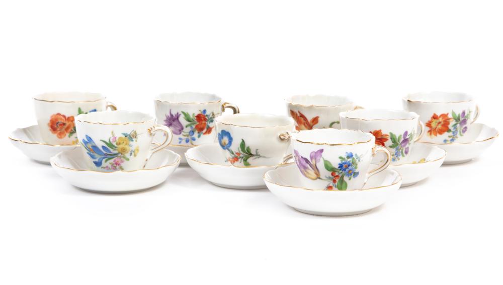 EIGHT MEISSEN POLYCHROME AND GILT