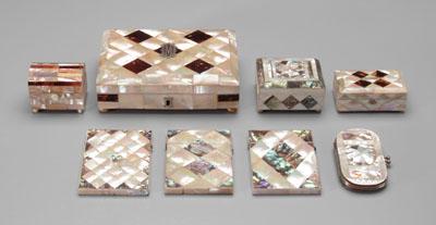 Eight mother-of-pearl cases, boxes: