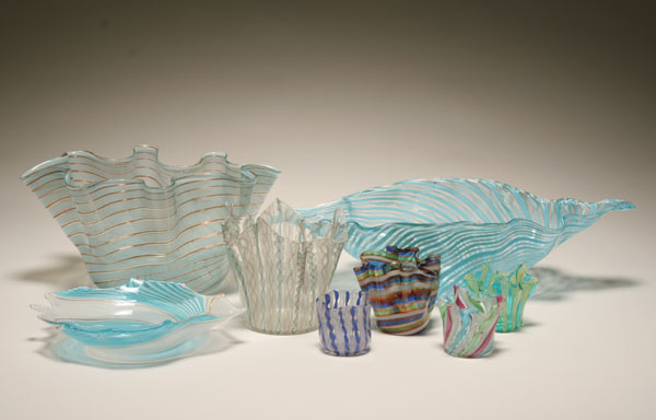 Eight Murano hanky form art glass