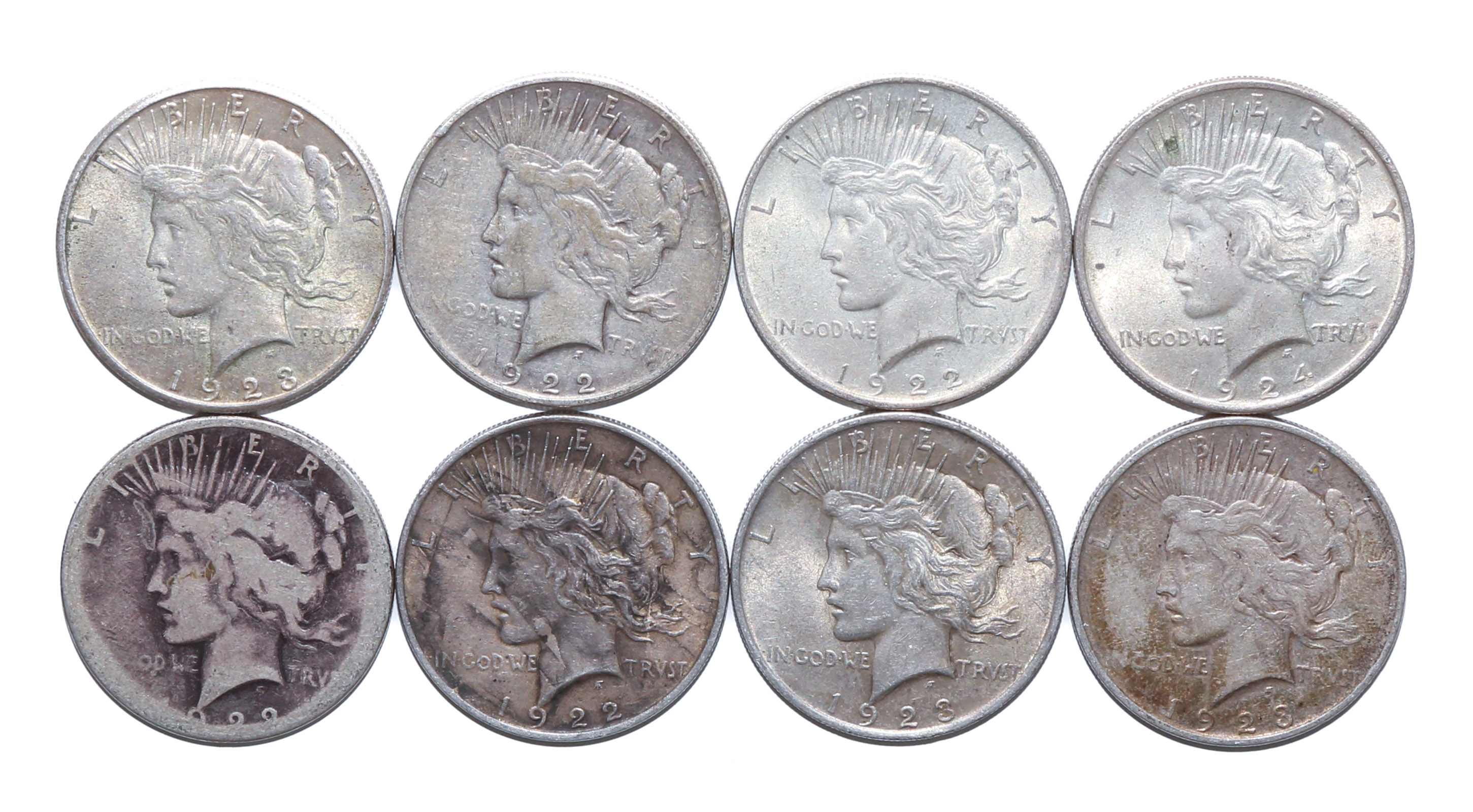 EIGHT PEACE DOLLARS 1923 VF, 1923-D