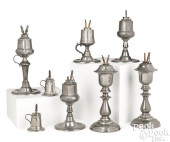 EIGHT PEWTER WHALE OIL LAMPS,