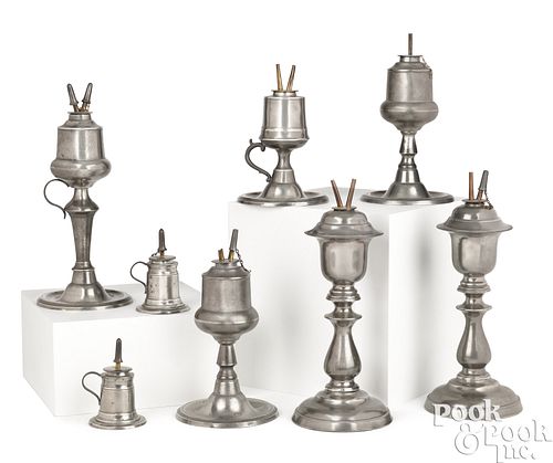 EIGHT PEWTER WHALE OIL LAMPS,
