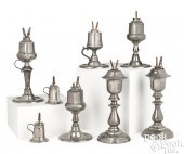 EIGHT PEWTER WHALE OIL LAMPS,