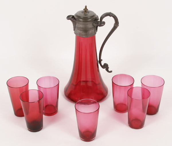 Eight piece cranberry glass drink