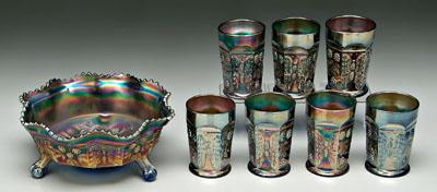 Eight pieces blue carnival glass,
