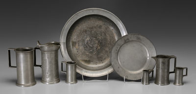 Eight pieces pewter: bowl,