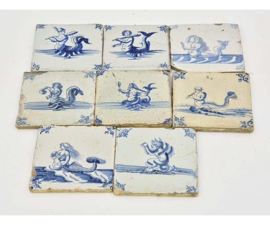 Eight rare Delft mermaid and merman