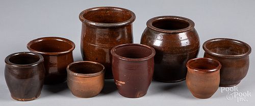 EIGHT REDWARE CROCKS, 19TH