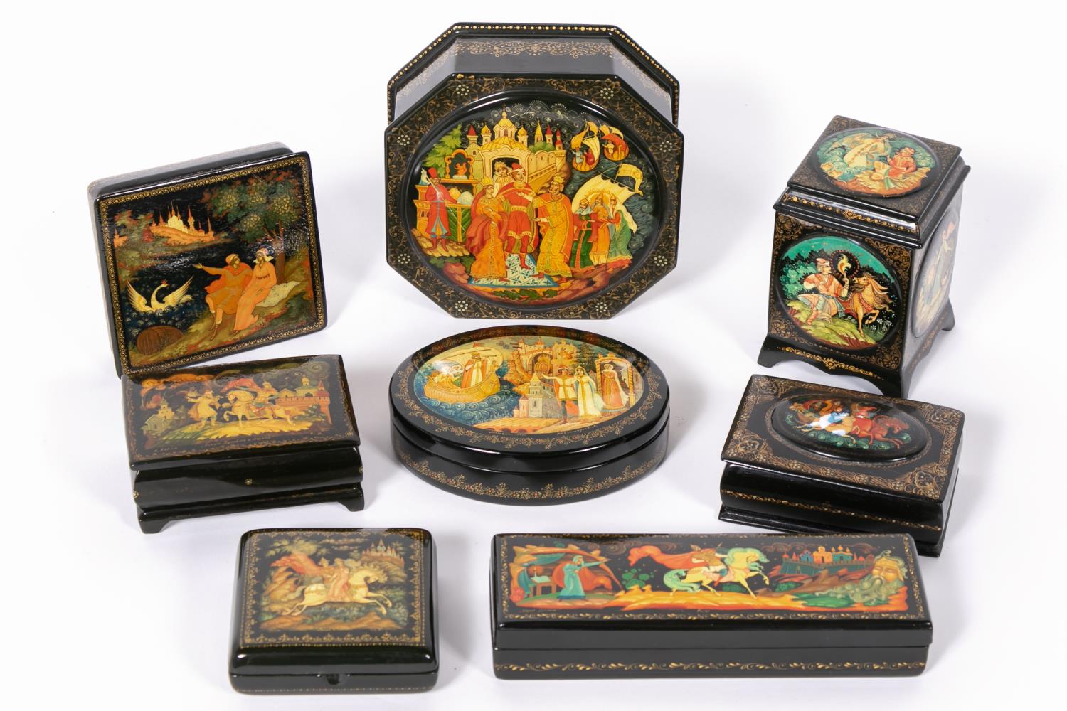EIGHT SIGNED RUSSIAN LACQUERED
