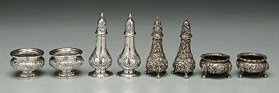Eight sterling salts and peppers,