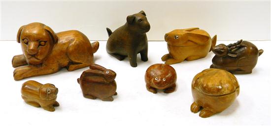 Eight wooden boxes carved in