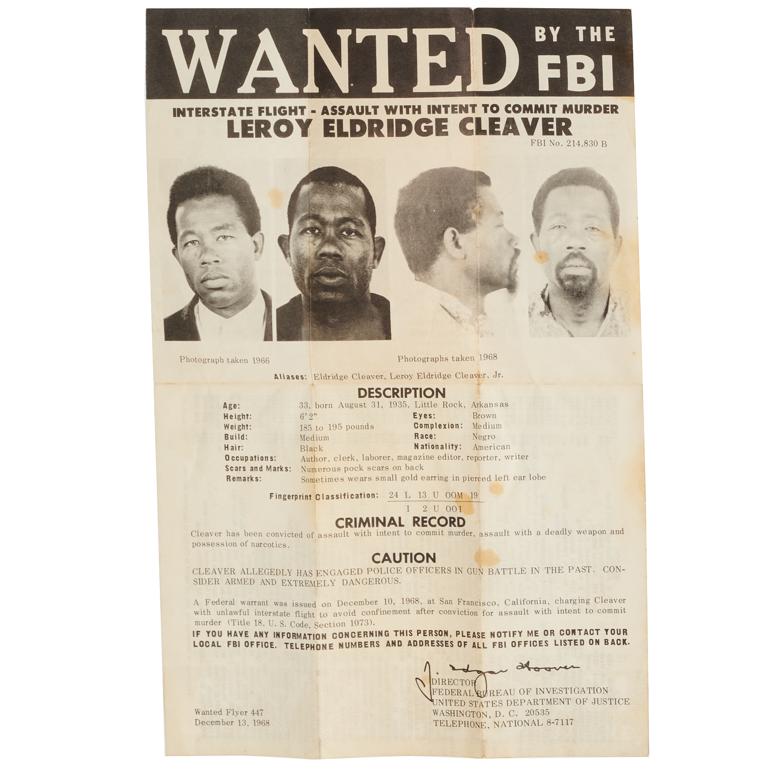 ELDRIDGE CLEAVER WANTED POSTER