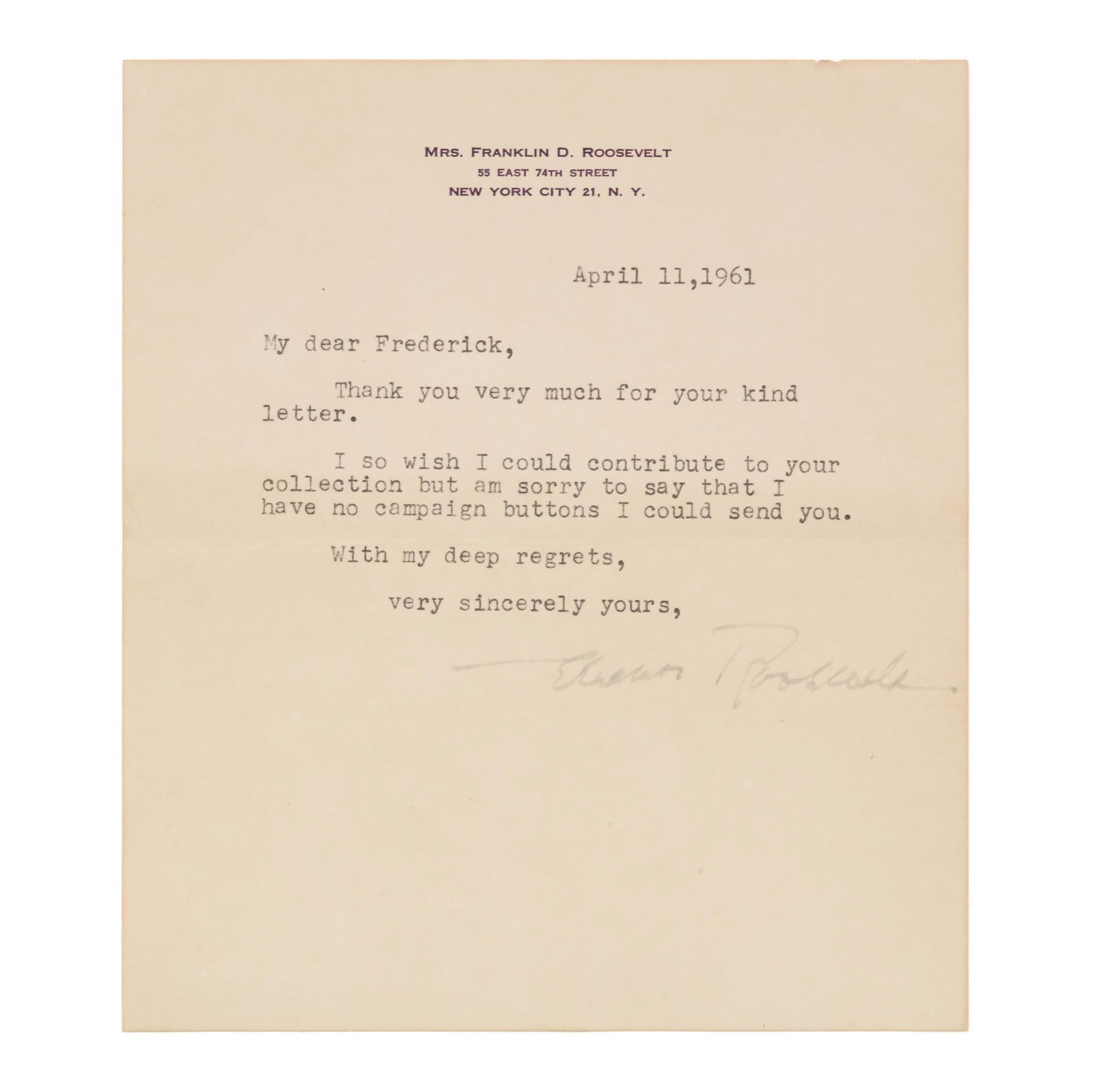 ELEANOR ROOSEVELT, TYPED LETTER