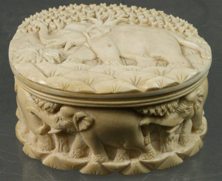 Elephant carved ivory box, 3 3/8" x