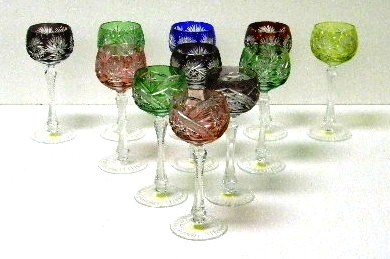 Eleven color cut glass goblets: