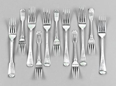 Eleven English silver forks: