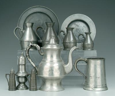 Eleven pieces pewter: coffeepot,