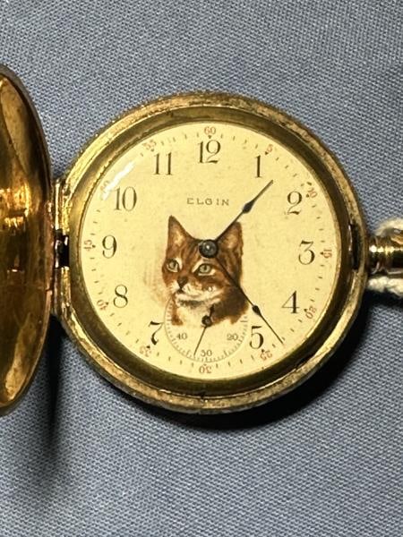 ELGIN POCKET WATCH, CAT DESIGN ON