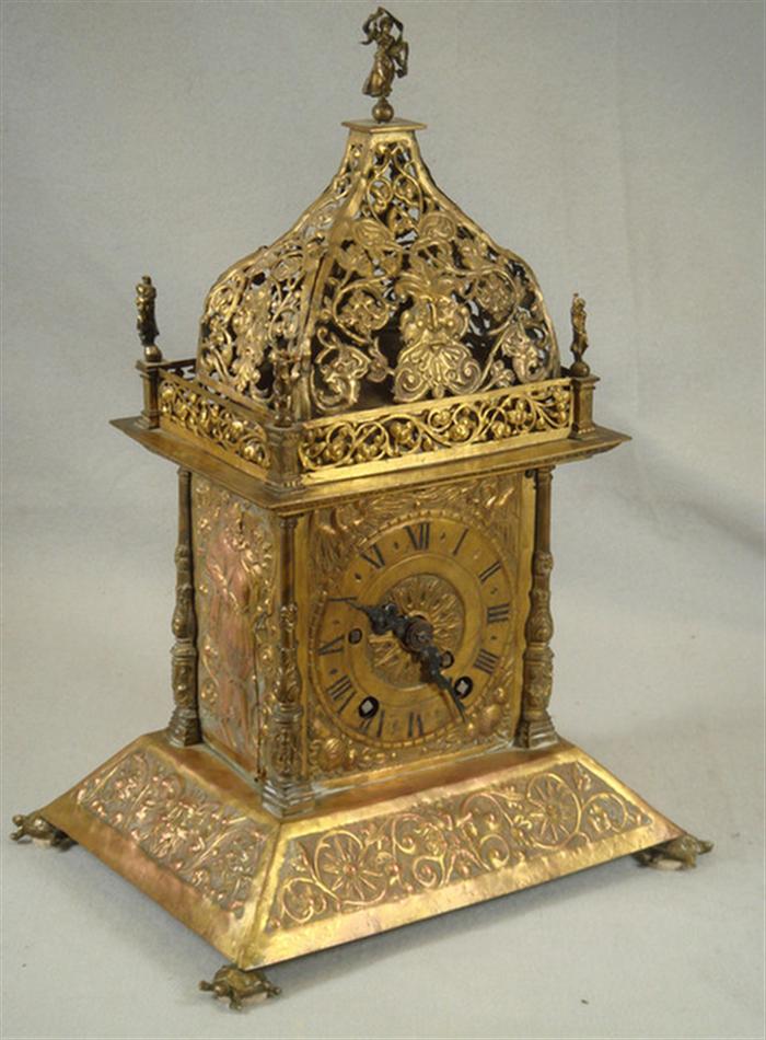 Embossed brass lantern clock,