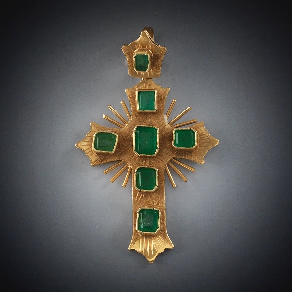 EMERALD AND GOLD CROSS PENDANT  1"L