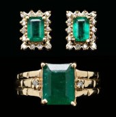 Emerald, diamond ring and earr