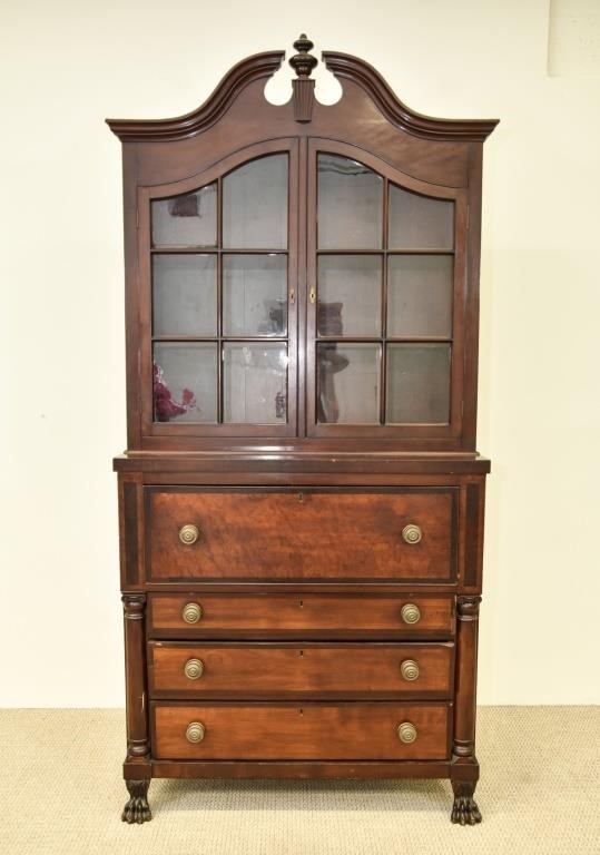 Empire mahogany two-piece secretary