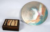 ENAMEL ON COPPER DISH AND WOOD