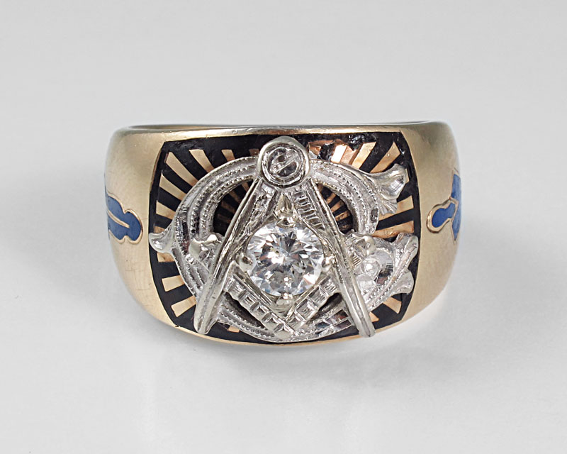 ENAMELED 14K GOLD DIAMOND MASONIC