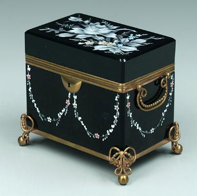 Enameled black glass box, hand