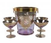 ENAMELED BLUE GLASS DRINK SETc