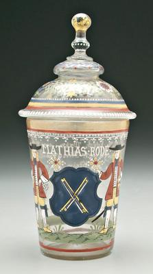 Enameled German beaker, with lid,