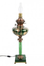 ENAMELED GREEN GLASS OIL LAMPe