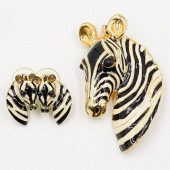 ENAMELED ZEBRA BROOCH & EARRIN