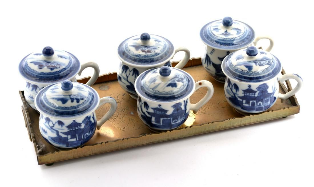 ENGLISH BLUE AND WHITE COVERED CUPS