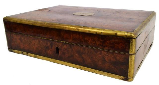 ENGLISH BRASS-BOUND BURLED WALNUT