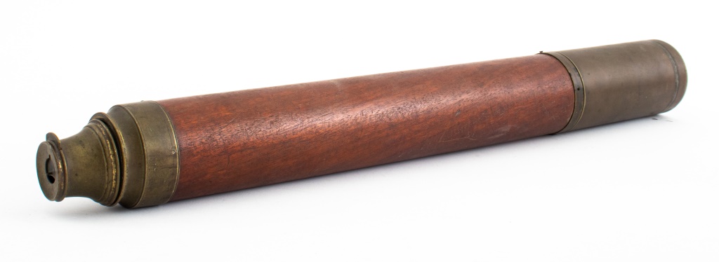 ENGLISH BRASS & MAHOGANY TELESCOPE,