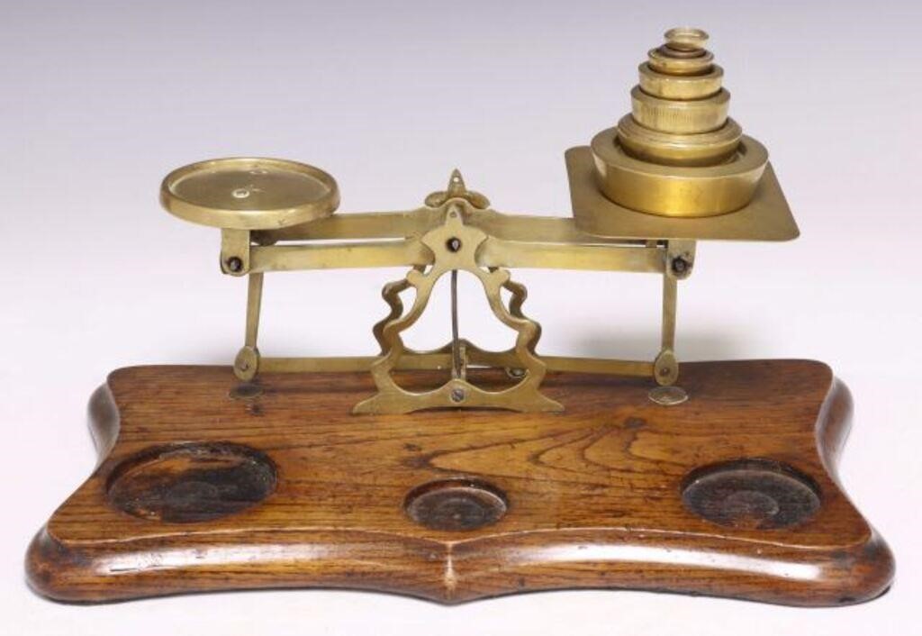 ENGLISH BRASS & OAK POSTAL SCALE