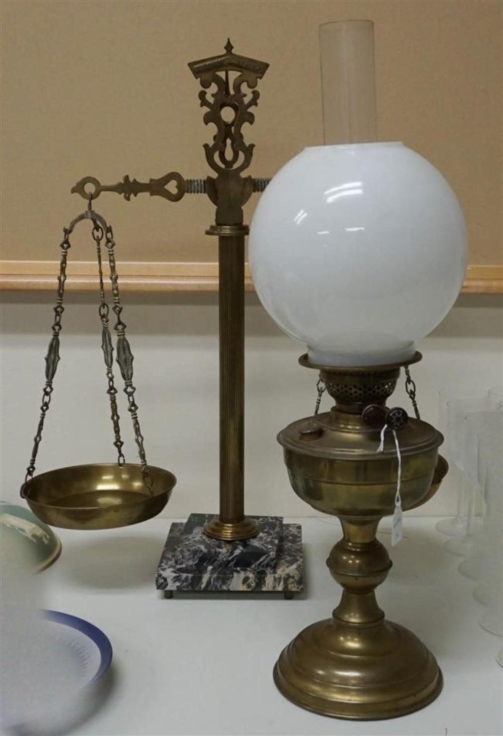 ENGLISH BRASS OIL LAMP AND FRENCH