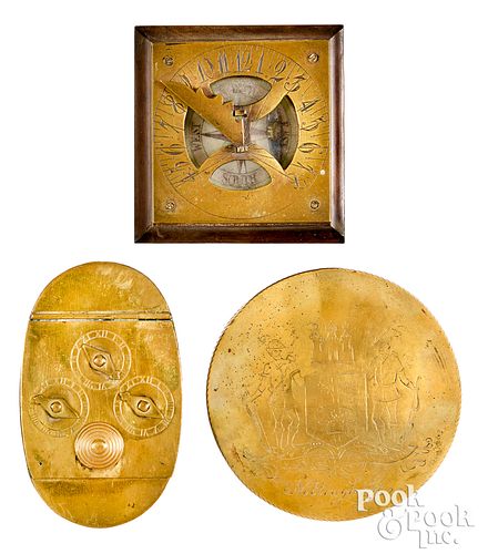 ENGLISH BRASS SEAL BOX, COMPASS,