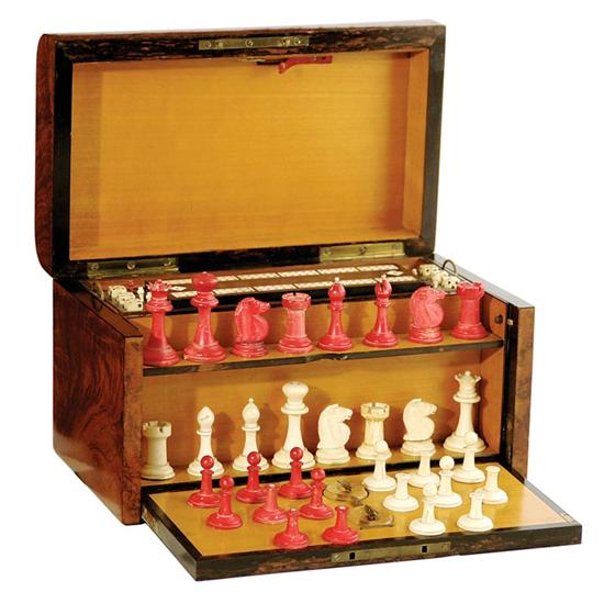 English burl walnut game box with