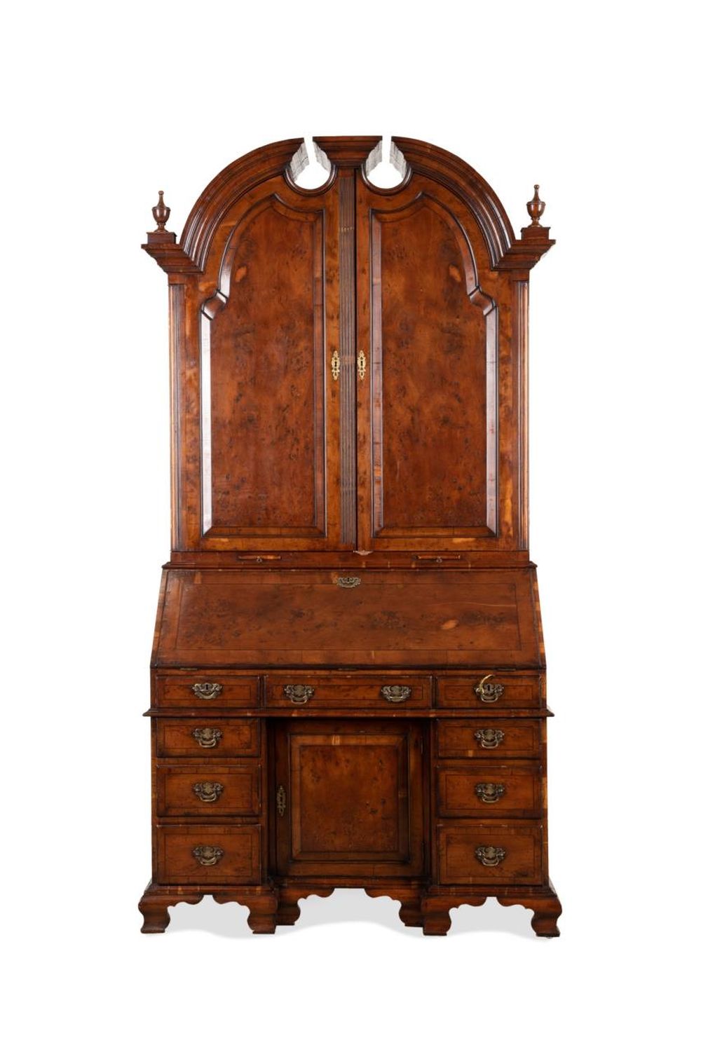 ENGLISH BURL WOOD BUREAU BOOKCASE