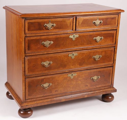 ENGLISH BURLWOOD CHEST OF FIVE