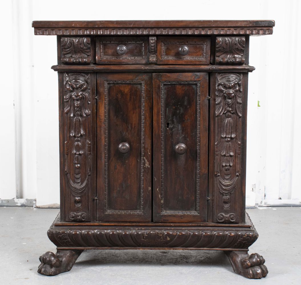ENGLISH CARVED FIGURAL OAK CUPBOARD