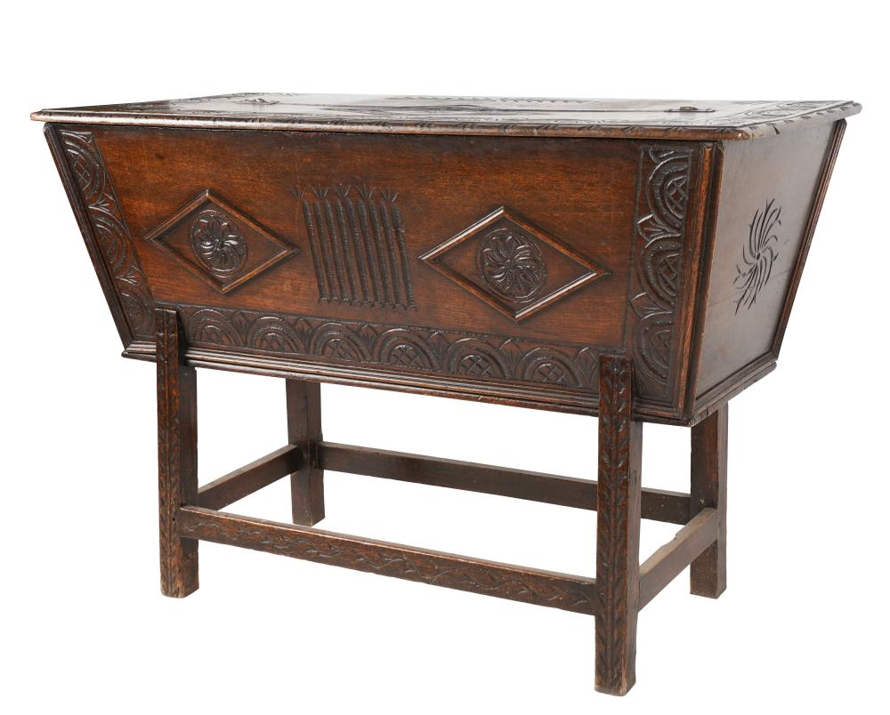 ENGLISH CARVED OAK CHEST ON